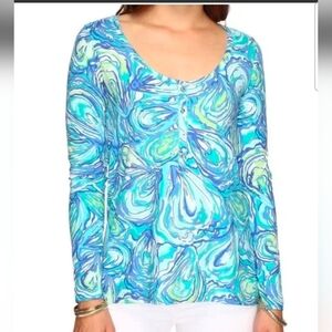 Lilly Pulitzer Sorella long-sleeve Henley top in the "Sparkling Blue Oh Shucks"